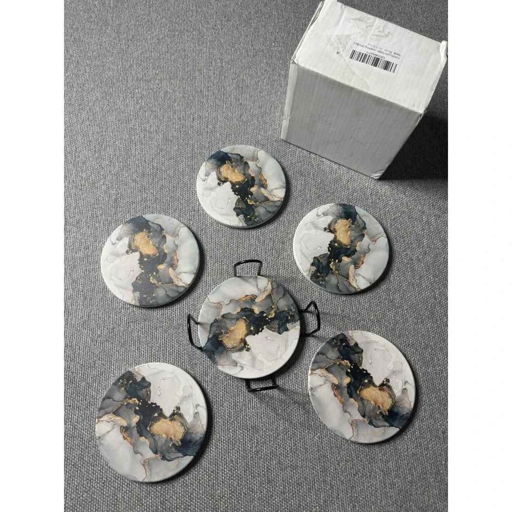 Gray, Blue, Gold Marble Round Coasters With Holder Set Of 6 Absorbs Moisture Set